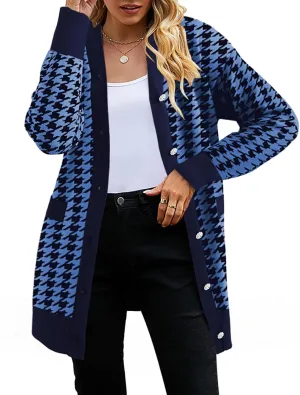 Pink Queen 2024 Fall Long Cardigan for Women Long Sleeve Open Front Button V Neck Houndstooth Cardigans Sweaters Dress