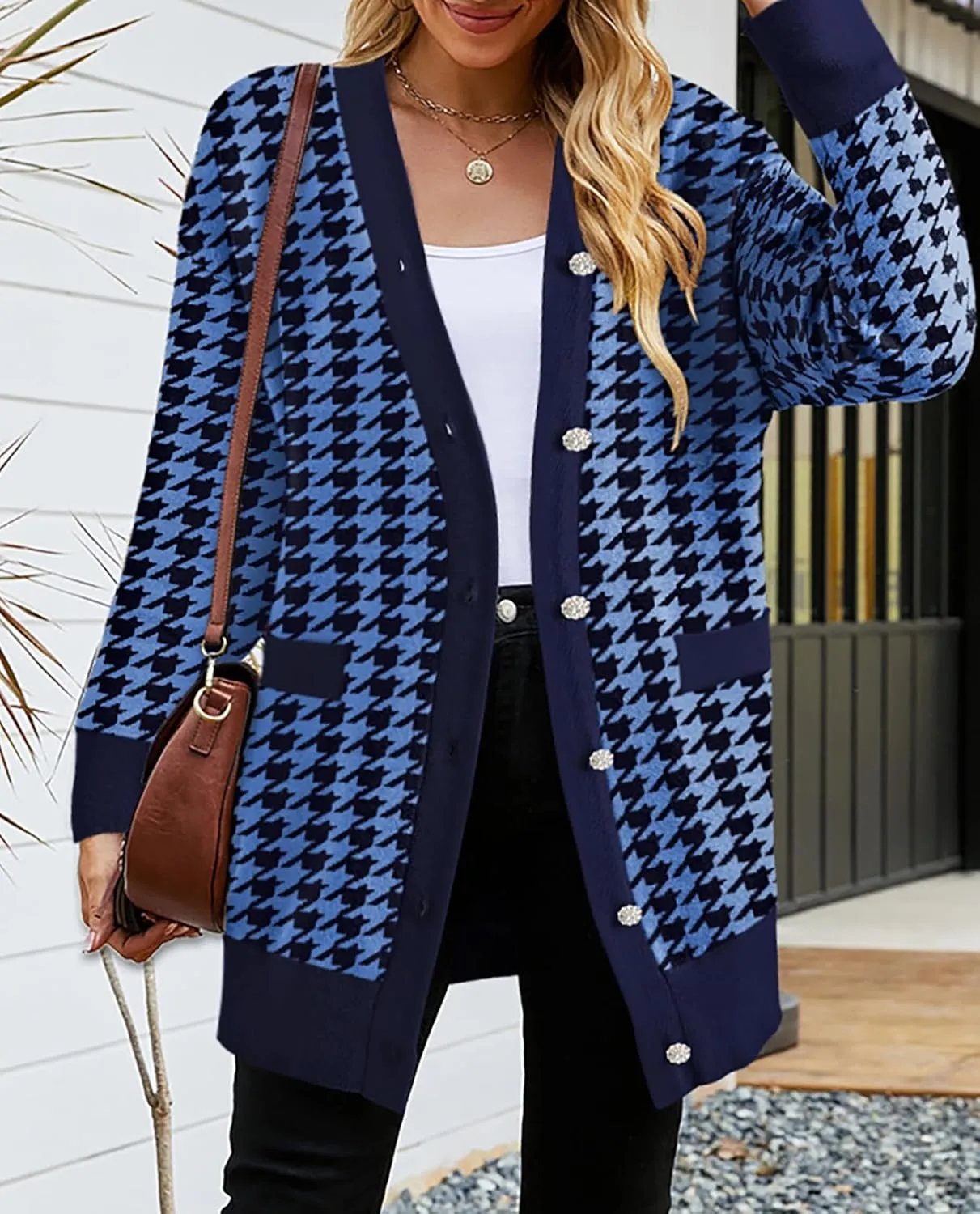 Pink Queen 2024 Fall Long Cardigan for Women Long Sleeve Open Front Button V Neck Houndstooth Cardigans Sweaters Dress