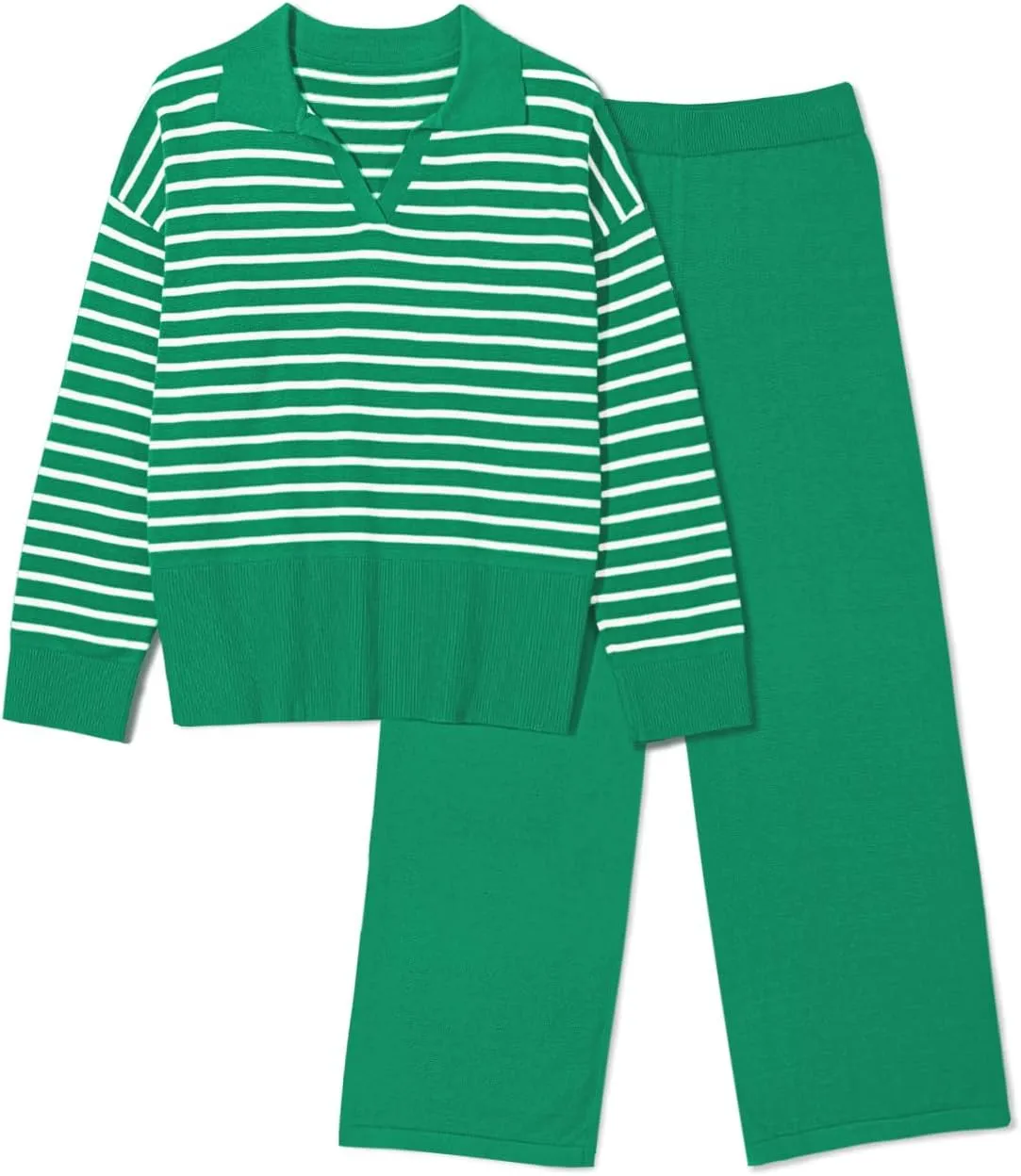 Pink Queen Sweater Sets for Women 2 Piece Long Sleeve Collar V Neck Sweatsuit Knitted Stripe Pajamas