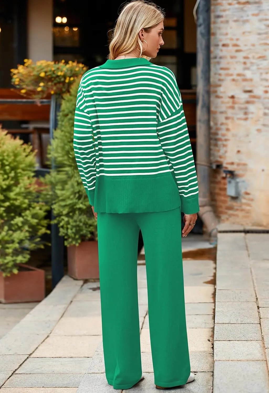 Pink Queen Sweater Sets for Women 2 Piece Long Sleeve Collar V Neck Sweatsuit Knitted Stripe Pajamas