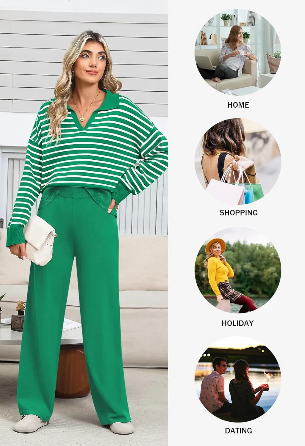 Pink Queen Sweater Sets for Women 2 Piece Long Sleeve Collar V Neck Sweatsuit Knitted Stripe Pajamas