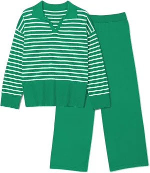 Pink Queen Sweater Sets for Women 2 Piece Long Sleeve Collar V Neck Sweatsuit Knitted Stripe Pajamas