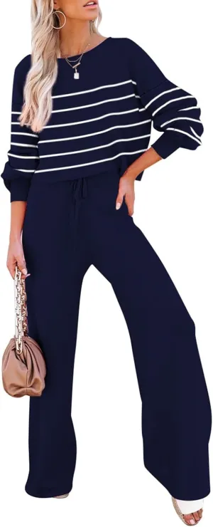 Pink Queen Two Piece Outfits for Women Lounge Sets Striped Knitted Sweater Tops Wide Leg Pants Loungewear Fall 2024