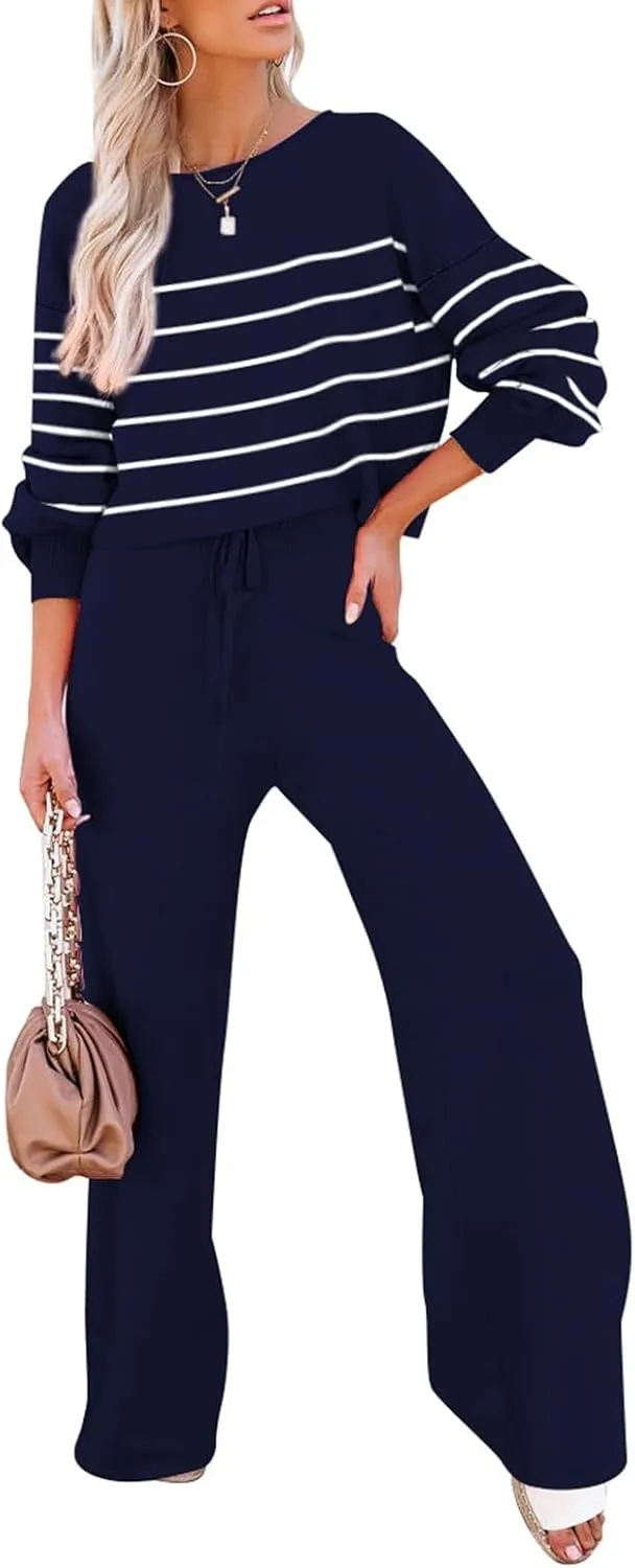 Pink Queen Two Piece Outfits for Women Lounge Sets Striped Knitted Sweater Tops Wide Leg Pants Loungewear Fall 2024