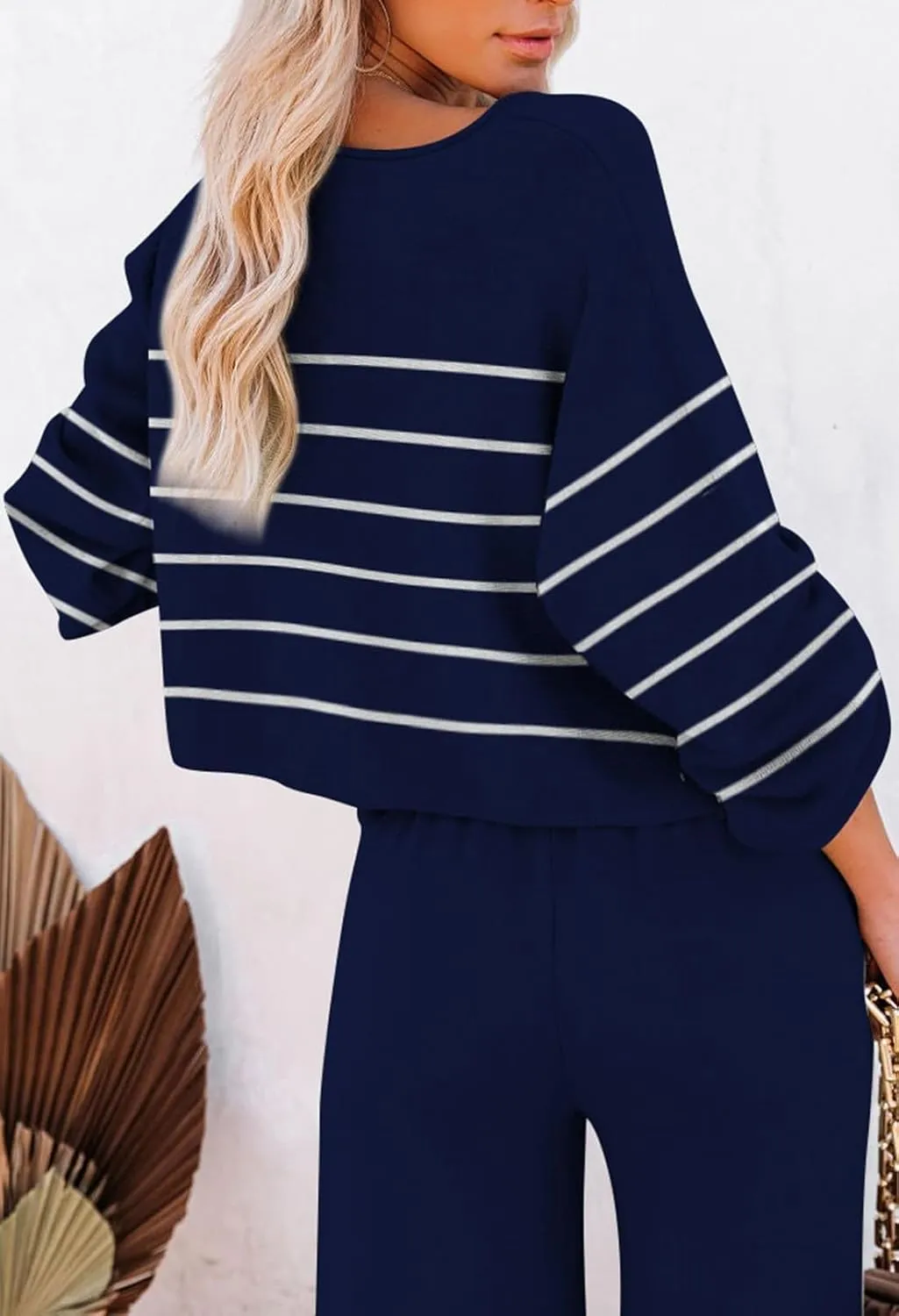 Pink Queen Two Piece Outfits for Women Lounge Sets Striped Knitted Sweater Tops Wide Leg Pants Loungewear Fall 2024