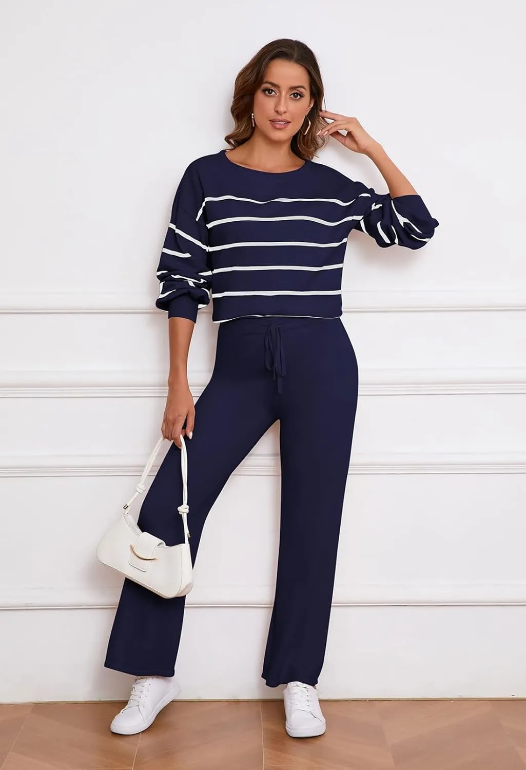 Pink Queen Two Piece Outfits for Women Lounge Sets Striped Knitted Sweater Tops Wide Leg Pants Loungewear Fall 2024