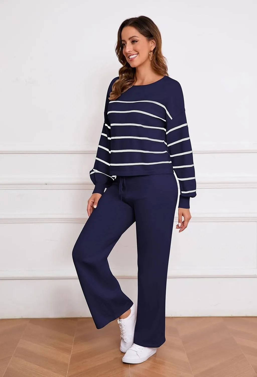 Pink Queen Two Piece Outfits for Women Lounge Sets Striped Knitted Sweater Tops Wide Leg Pants Loungewear Fall 2024
