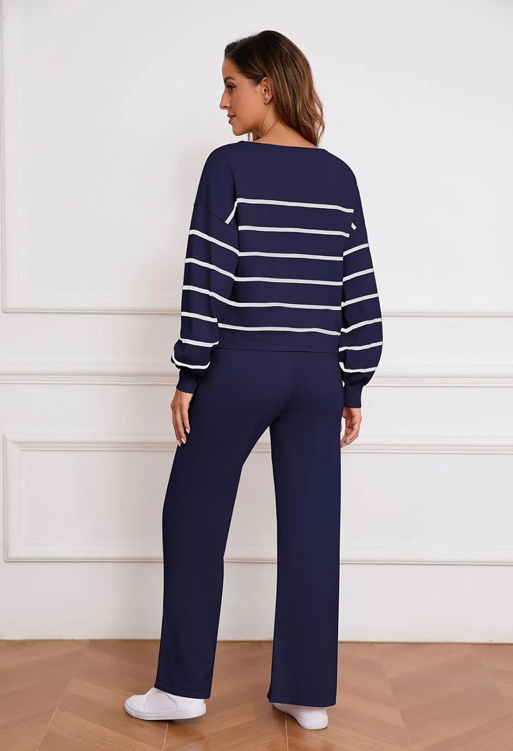 Pink Queen Two Piece Outfits for Women Lounge Sets Striped Knitted Sweater Tops Wide Leg Pants Loungewear Fall 2024