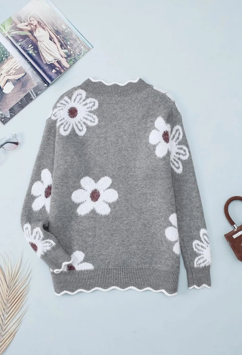 Pink Queen Women's Oversized V Neck Fuzzy Sweaters 2024 Casual Loose Long Sleeve Chunky Knit Pullover Jumper Tops