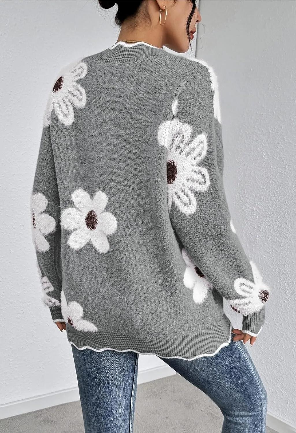 Pink Queen Women's Oversized V Neck Fuzzy Sweaters 2024 Casual Loose Long Sleeve Chunky Knit Pullover Jumper Tops