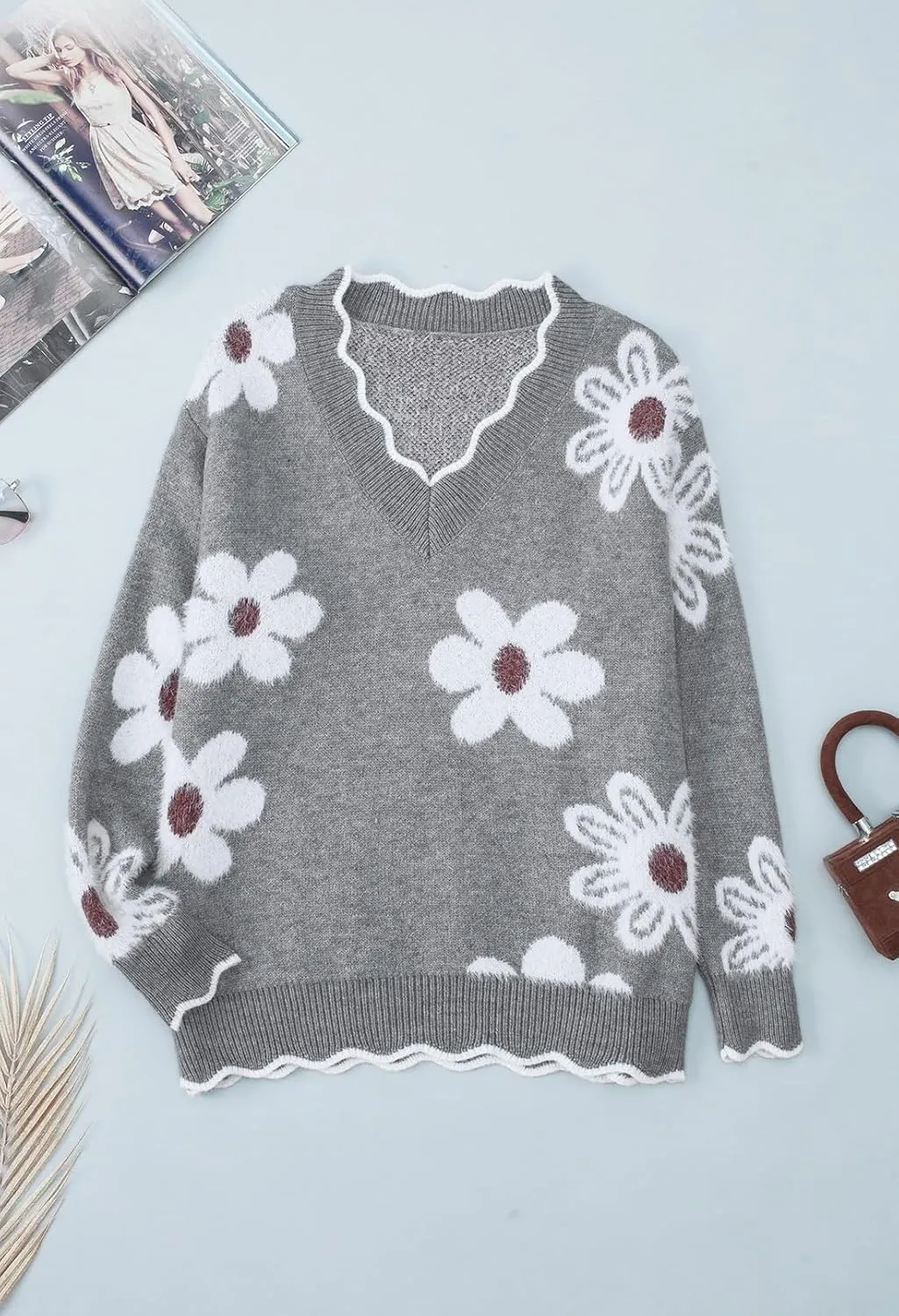 Pink Queen Women's Oversized V Neck Fuzzy Sweaters 2024 Casual Loose Long Sleeve Chunky Knit Pullover Jumper Tops