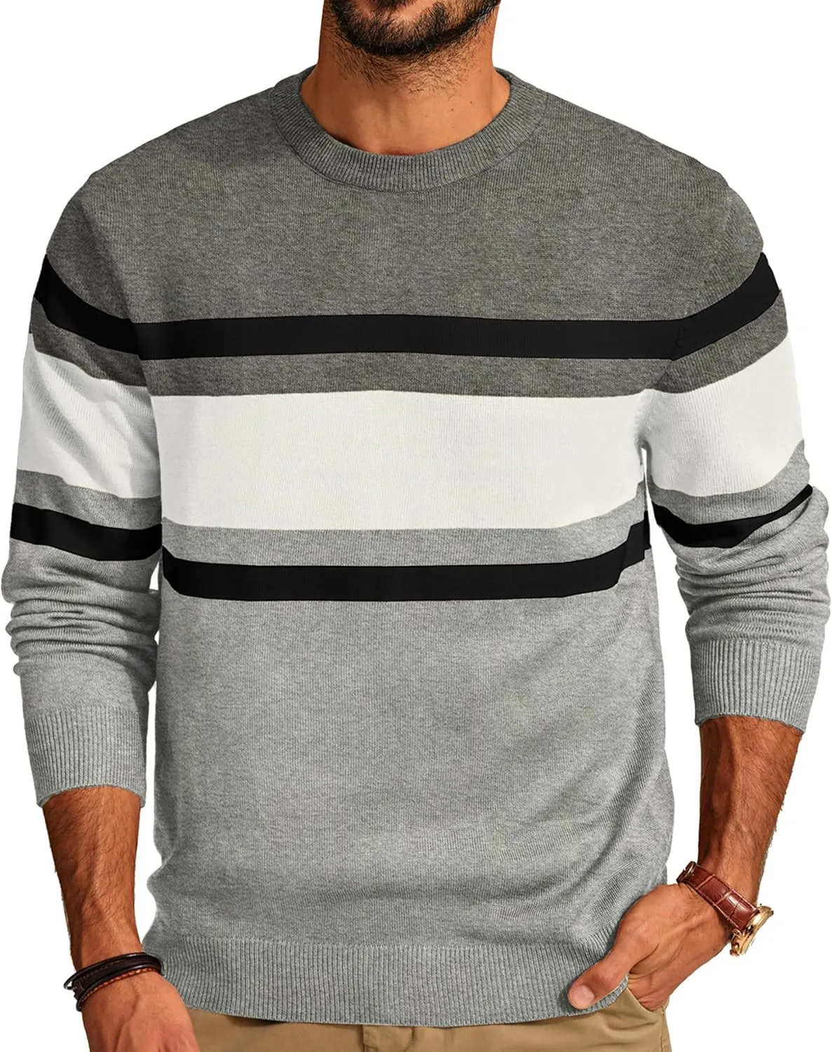 PJ Paul Jones Mens Striped Pullover Sweater Crewneck Contrast Fine Knitted Sweaters