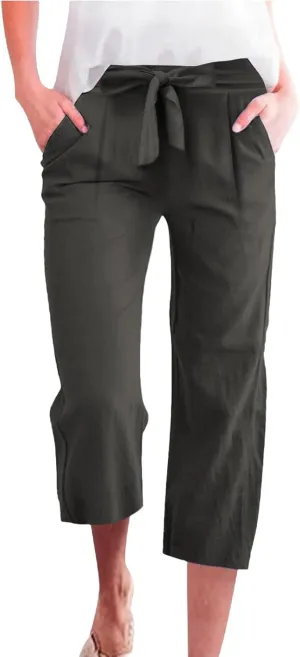 Plus Size Capris for Women Solid Color Elastic High Waist Lounge Pants Drawstring Pocket Wide Leg Cropped Trousers