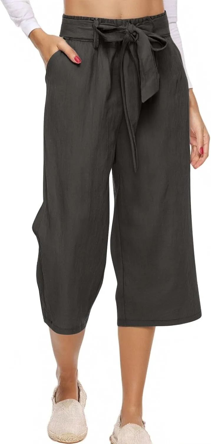 Plus Size Capris for Women Solid Color Elastic High Waist Lounge Pants Drawstring Pocket Wide Leg Cropped Trousers