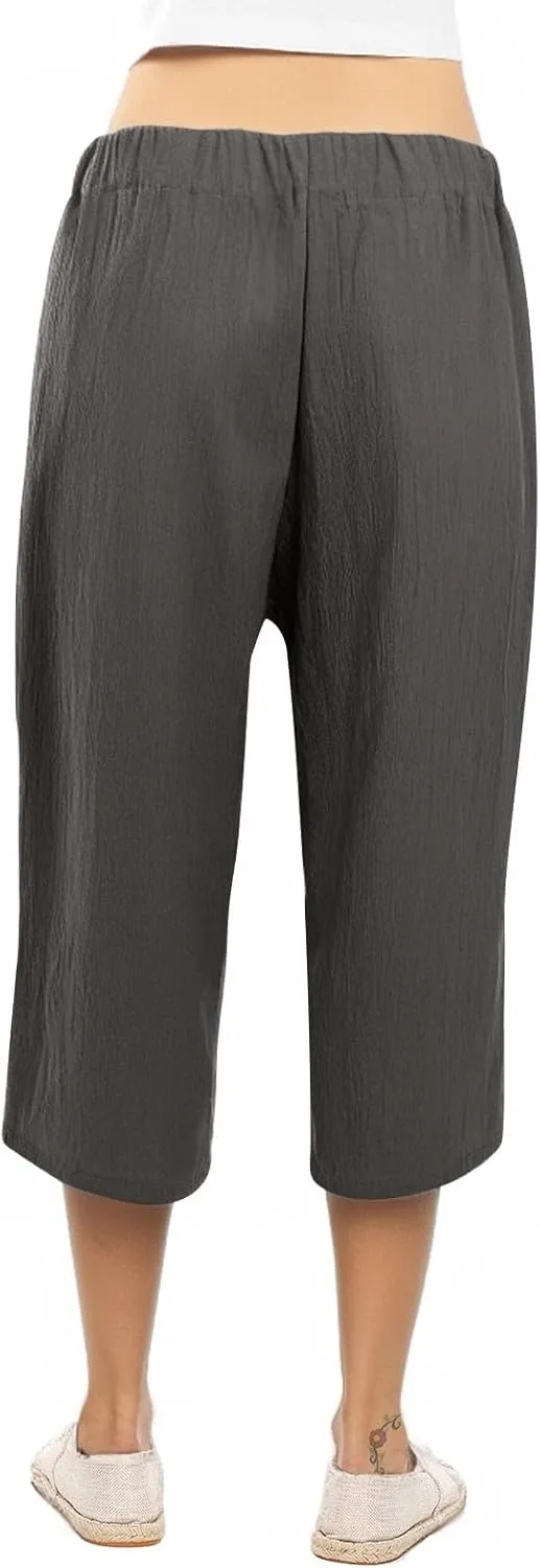 Plus Size Capris for Women Solid Color Elastic High Waist Lounge Pants Drawstring Pocket Wide Leg Cropped Trousers