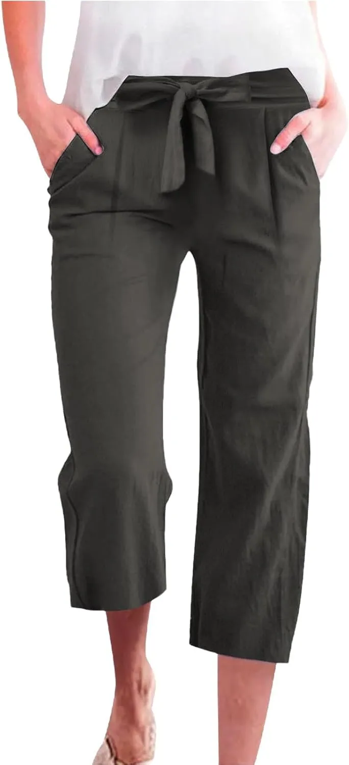 Plus Size Capris for Women Solid Color Elastic High Waist Lounge Pants Drawstring Pocket Wide Leg Cropped Trousers