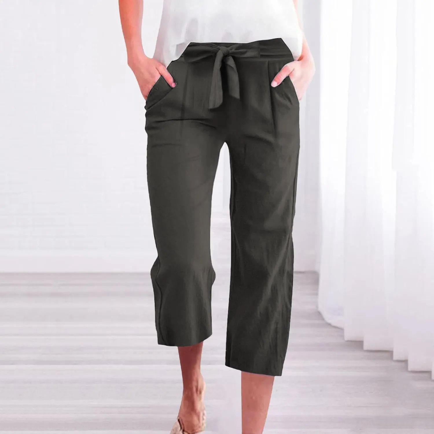 Plus Size Capris for Women Solid Color Elastic High Waist Lounge Pants Drawstring Pocket Wide Leg Cropped Trousers