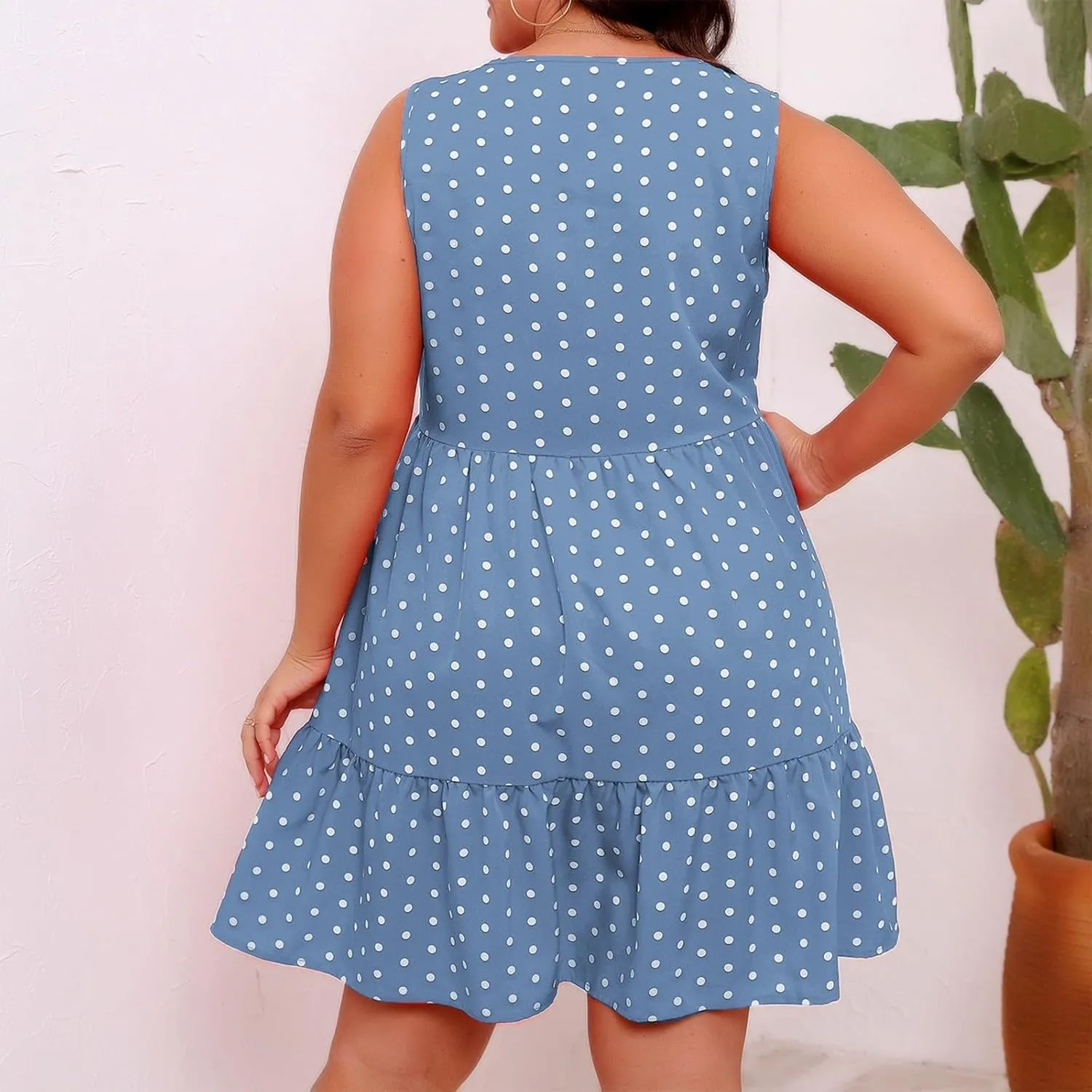 Plus Size Dresses for Women 2025 Polka Dot Casual Ruffle Smocked Dress Soft Round Neck Beach Vacation 1950'S Dresses