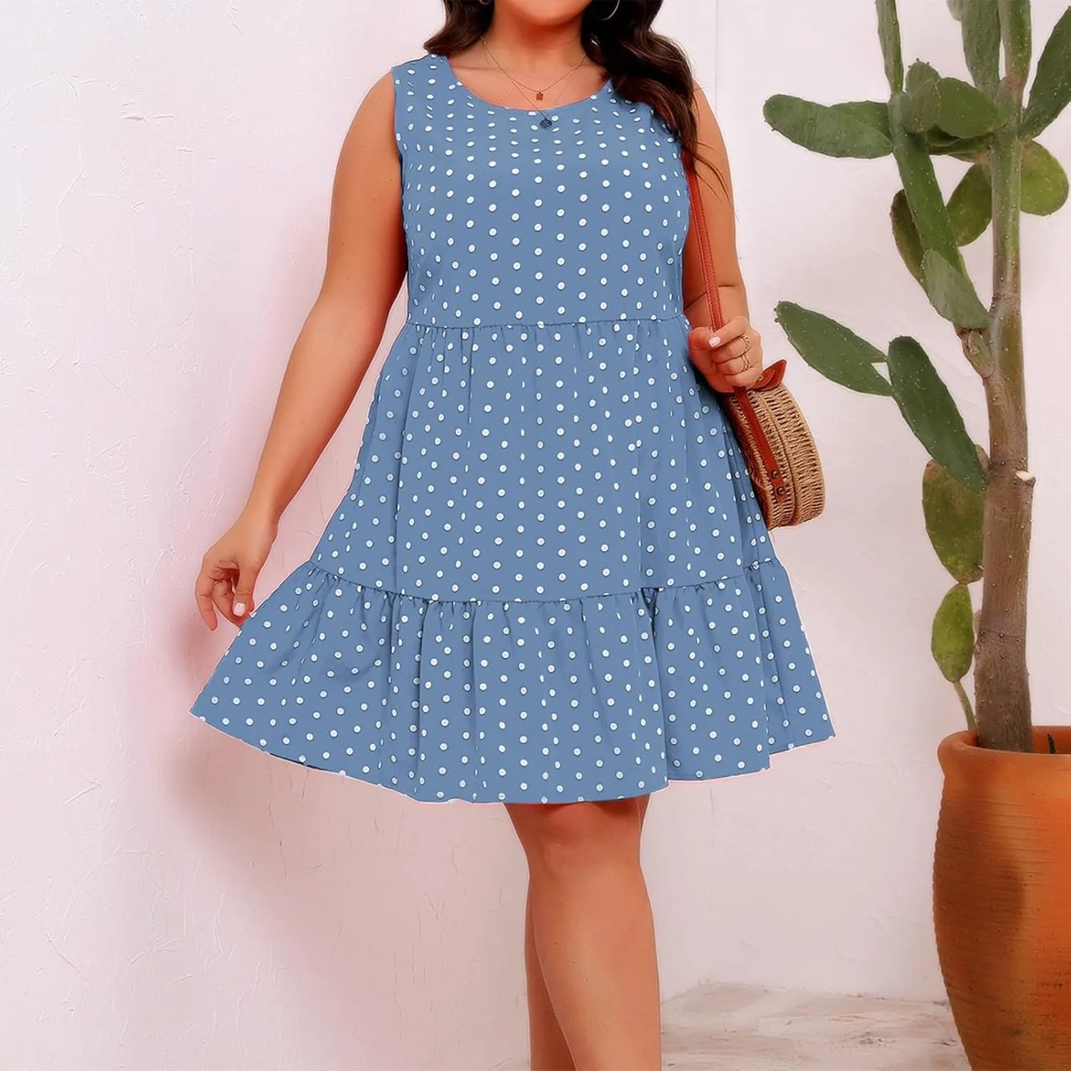 Plus Size Dresses for Women 2025 Polka Dot Casual Ruffle Smocked Dress Soft Round Neck Beach Vacation 1950'S Dresses