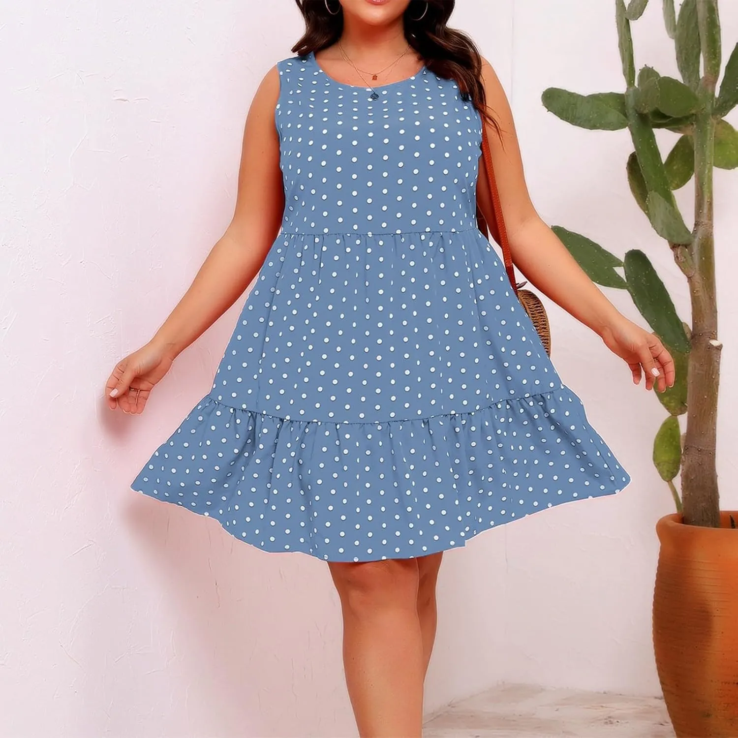 Plus Size Dresses for Women 2025 Polka Dot Casual Ruffle Smocked Dress Soft Round Neck Beach Vacation 1950'S Dresses