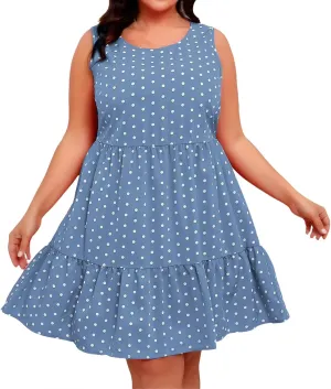 Plus Size Dresses for Women 2025 Polka Dot Casual Ruffle Smocked Dress Soft Round Neck Beach Vacation 1950'S Dresses