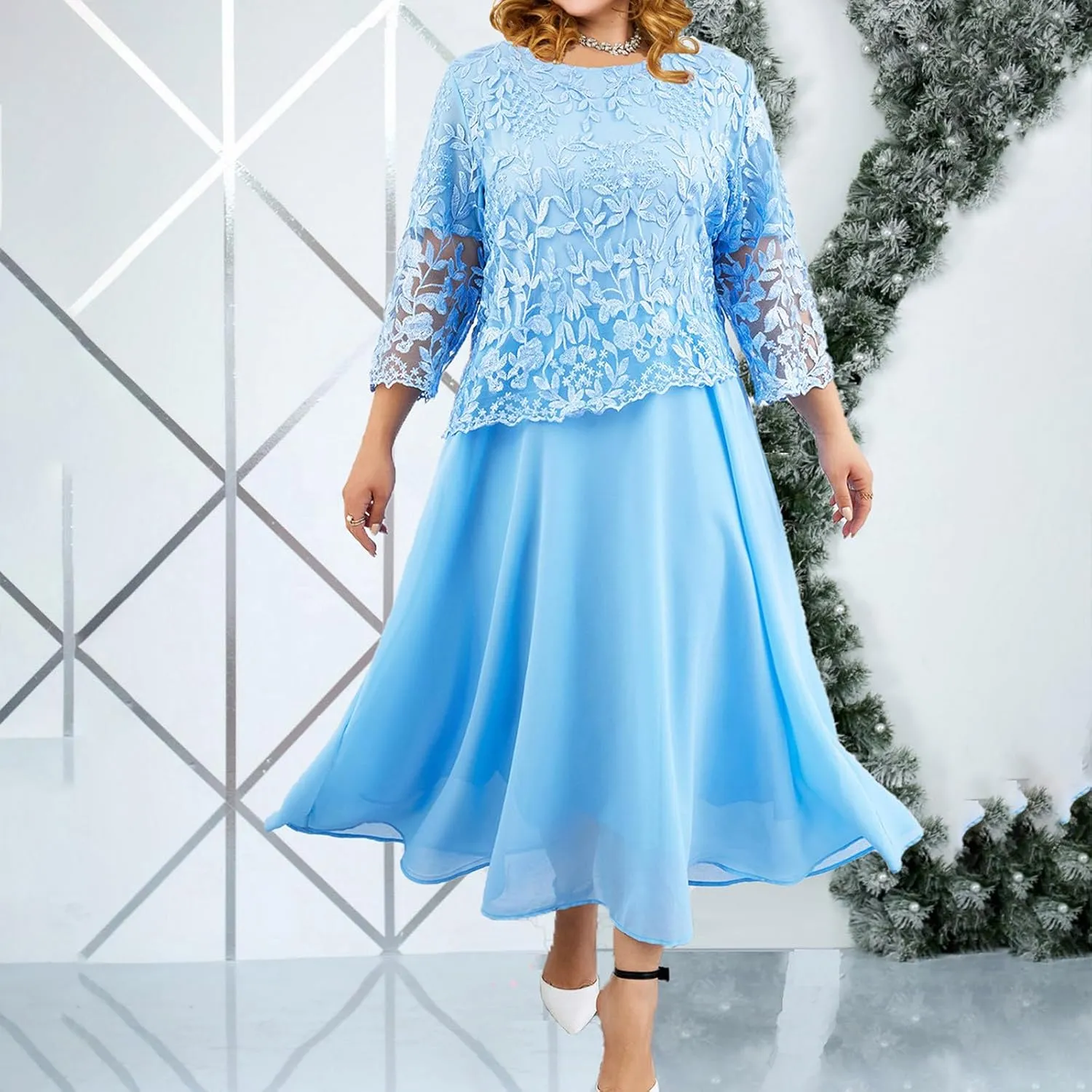 Plus Size Floral Lace Patchwork Dress for Women 2024 Mother of The Bride Dress Wedding Guest Formal Chiffon Evening Gown