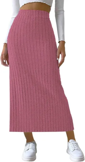 Plus Size High Waisted Skirt Women Knit Midi Bodycon Skirt Elastic Comfy Skirts Plain Fashion Skirt Side Slit Skirt