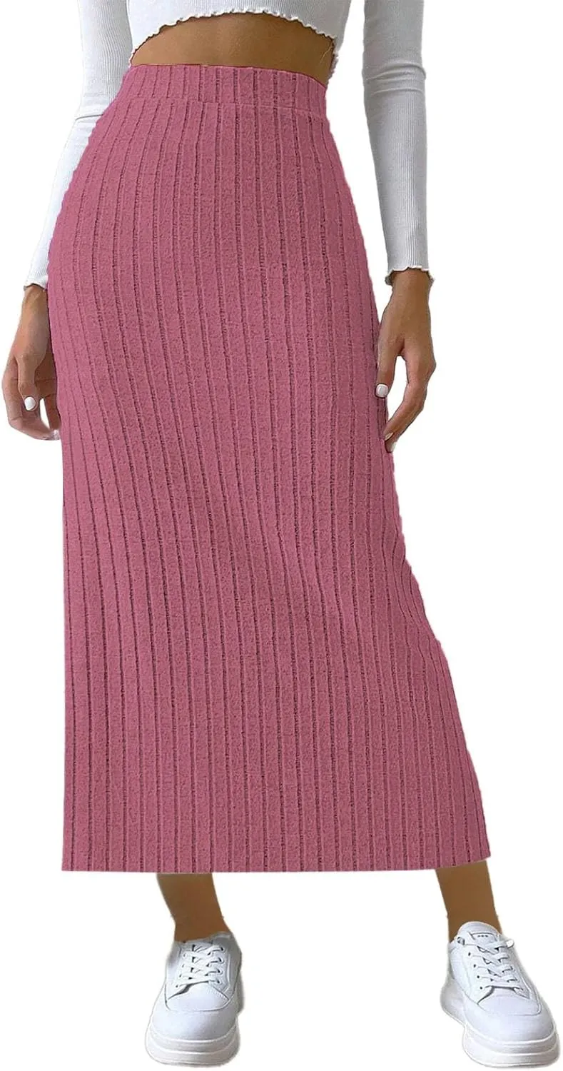 Plus Size High Waisted Skirt Women Knit Midi Bodycon Skirt Elastic Comfy Skirts Plain Fashion Skirt Side Slit Skirt