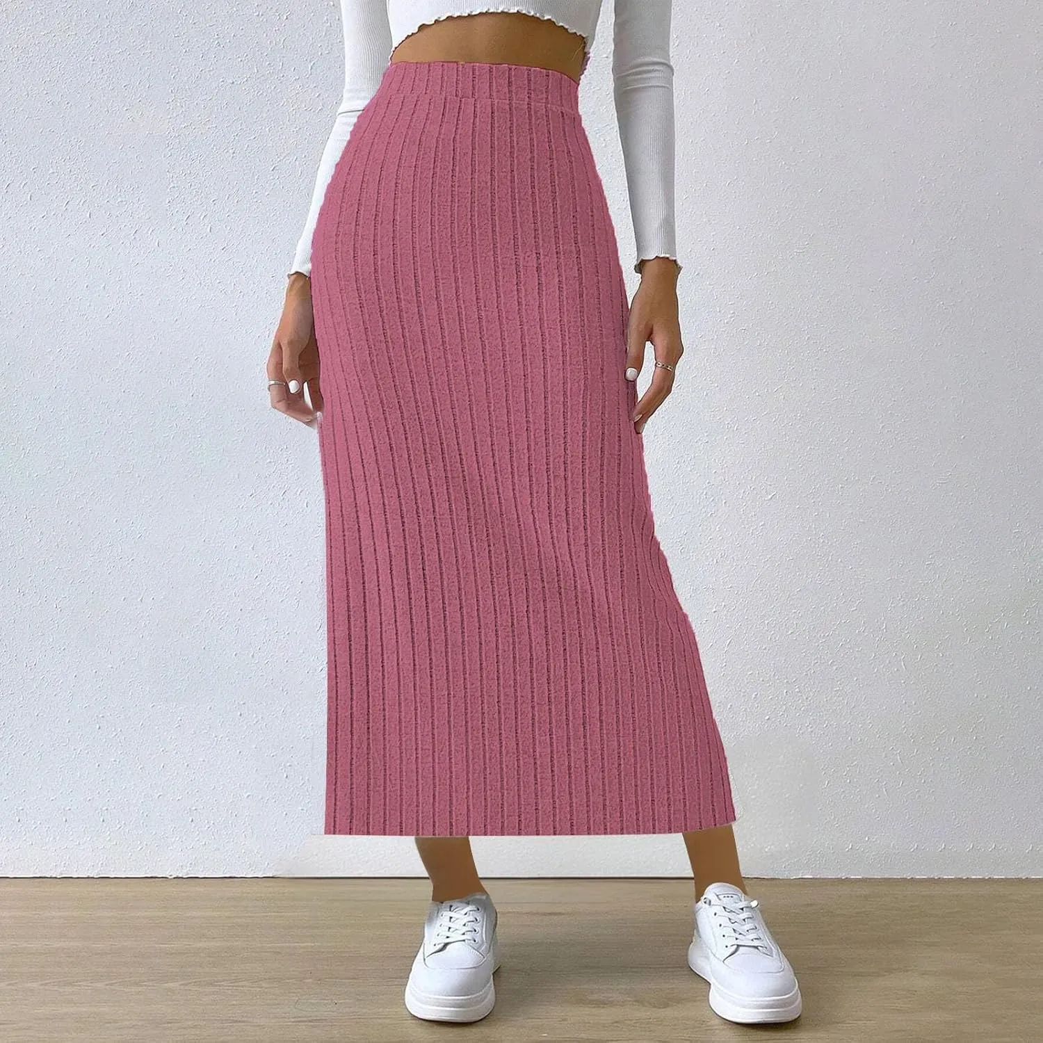 Plus Size High Waisted Skirt Women Knit Midi Bodycon Skirt Elastic Comfy Skirts Plain Fashion Skirt Side Slit Skirt