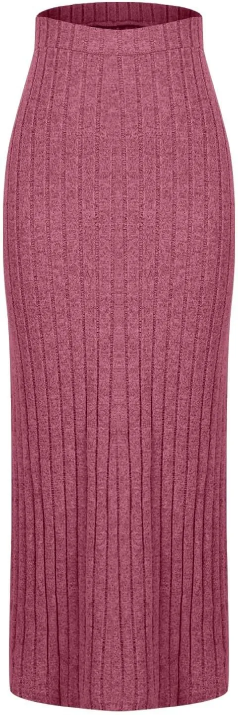 Plus Size High Waisted Skirt Women Knit Midi Bodycon Skirt Elastic Comfy Skirts Plain Fashion Skirt Side Slit Skirt