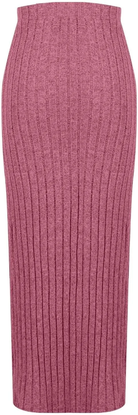 Plus Size High Waisted Skirt Women Knit Midi Bodycon Skirt Elastic Comfy Skirts Plain Fashion Skirt Side Slit Skirt