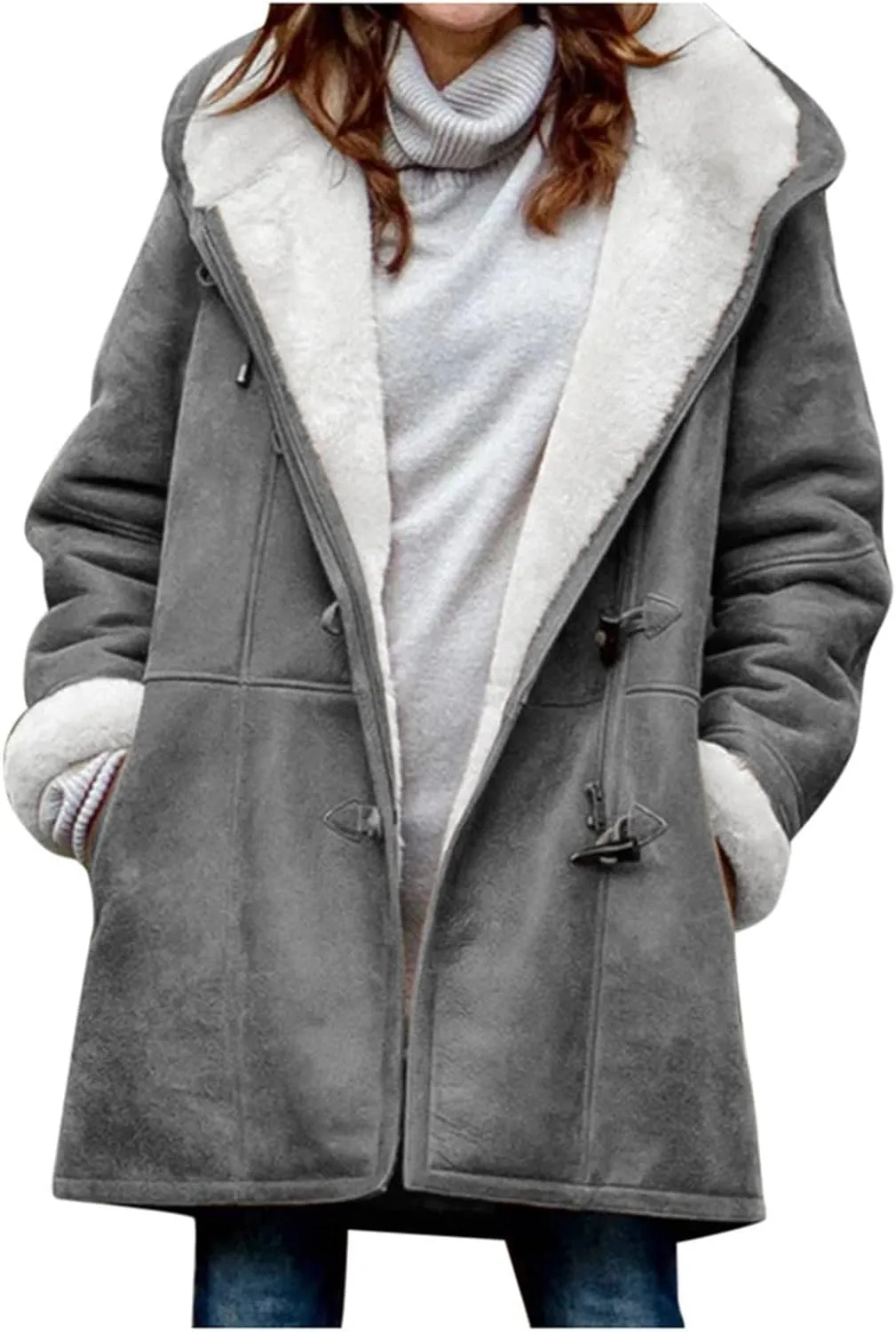 Plus Size Winter Coats for Women 2024 Warm Sherpa Fleece Lined Distressed Jackets Hooded Parka Faux Suede Pea Coat Outerwear