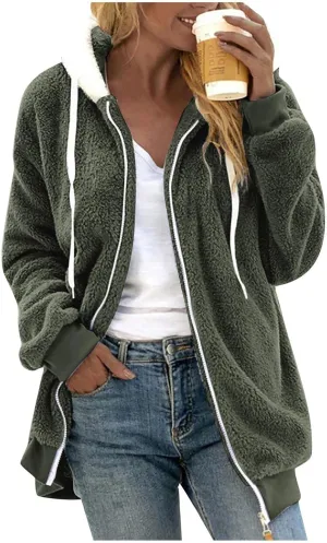 Plus Size Winter Coats for Women Oversized Full Zip Fleece Jacket Baggy Casual Drawstring Fuzzy Warm Jackets w/Pocket