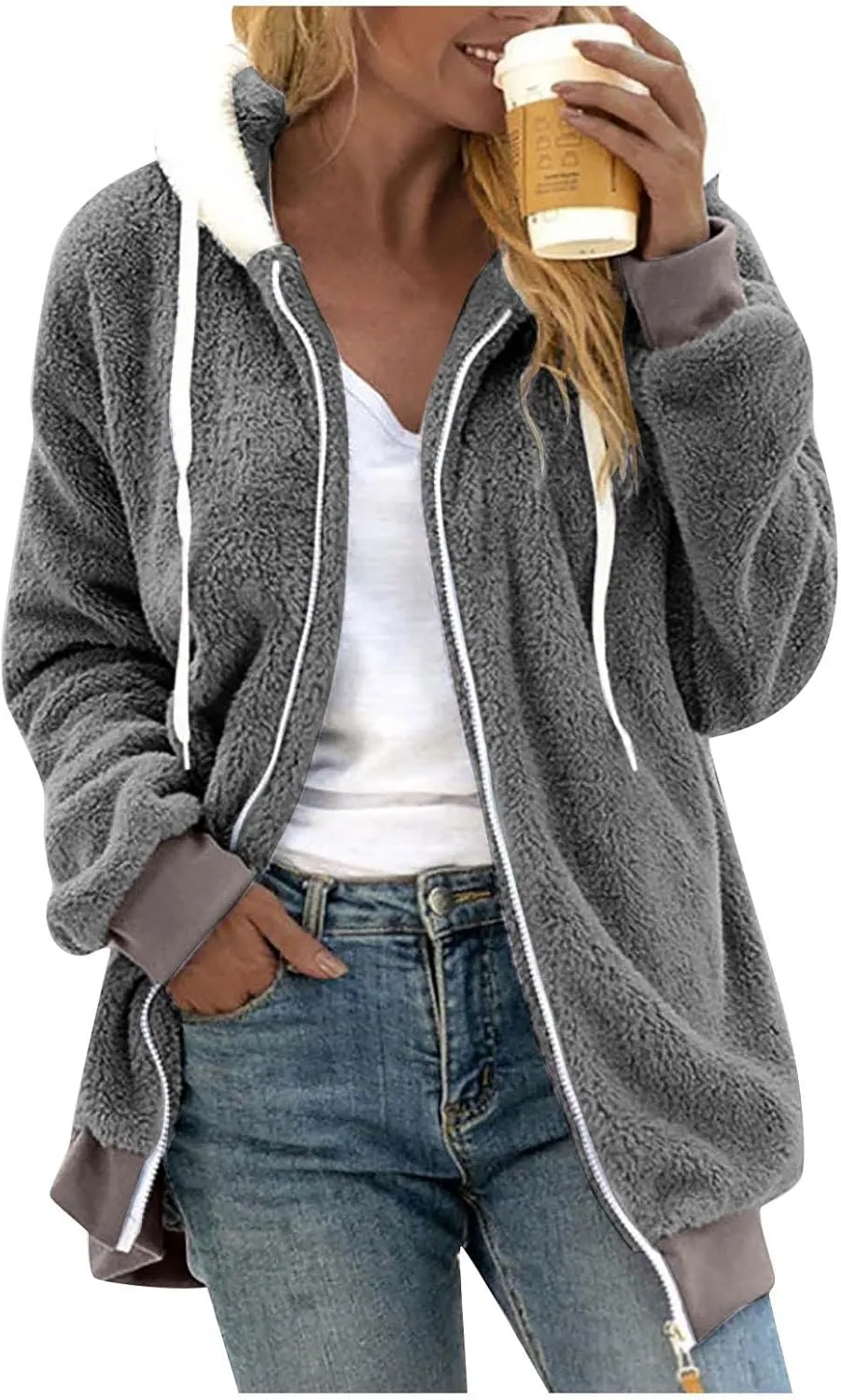 Plus Size Winter Coats for Women Oversized Full Zip Fleece Jacket Baggy Casual Drawstring Fuzzy Warm Jackets w/Pocket