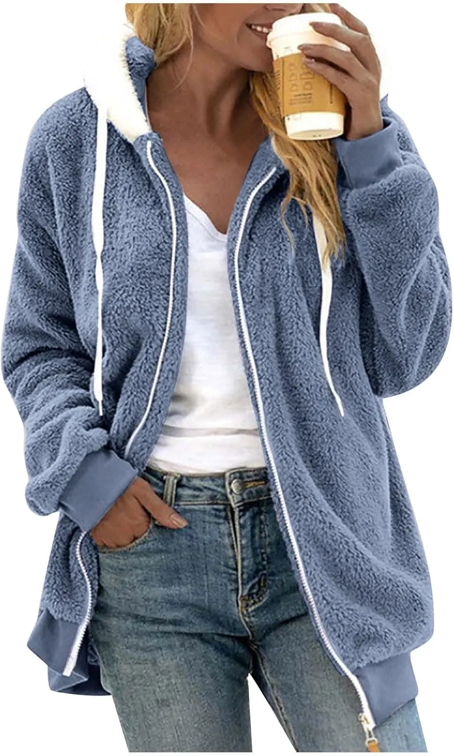 Plus Size Winter Coats for Women Oversized Full Zip Fleece Jacket Baggy Casual Drawstring Fuzzy Warm Jackets w/Pocket