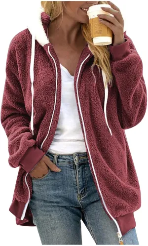 Plus Size Winter Coats for Women Oversized Full Zip Fleece Jacket Baggy Casual Drawstring Fuzzy Warm Jackets w/Pocket