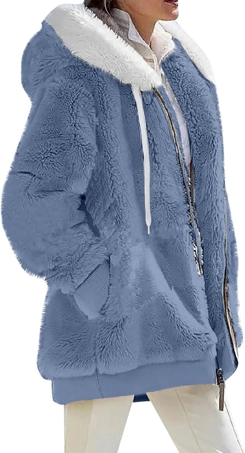 Plus Size Winter Coats for Women Oversized Full Zip Fleece Jacket Baggy Casual Drawstring Fuzzy Warm Jackets w/Pocket