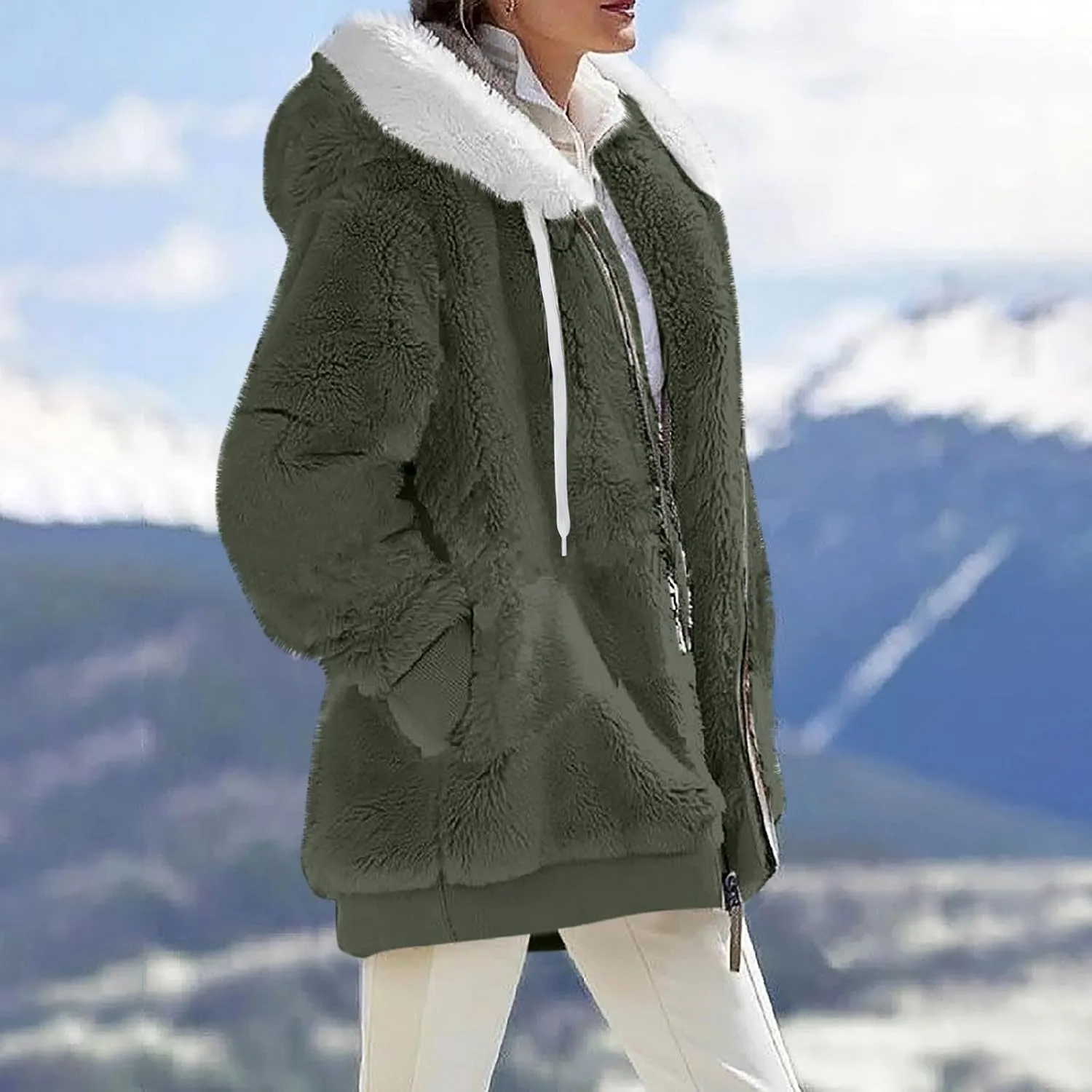 Plus Size Winter Coats for Women Oversized Full Zip Fleece Jacket Baggy Casual Drawstring Fuzzy Warm Jackets w/Pocket