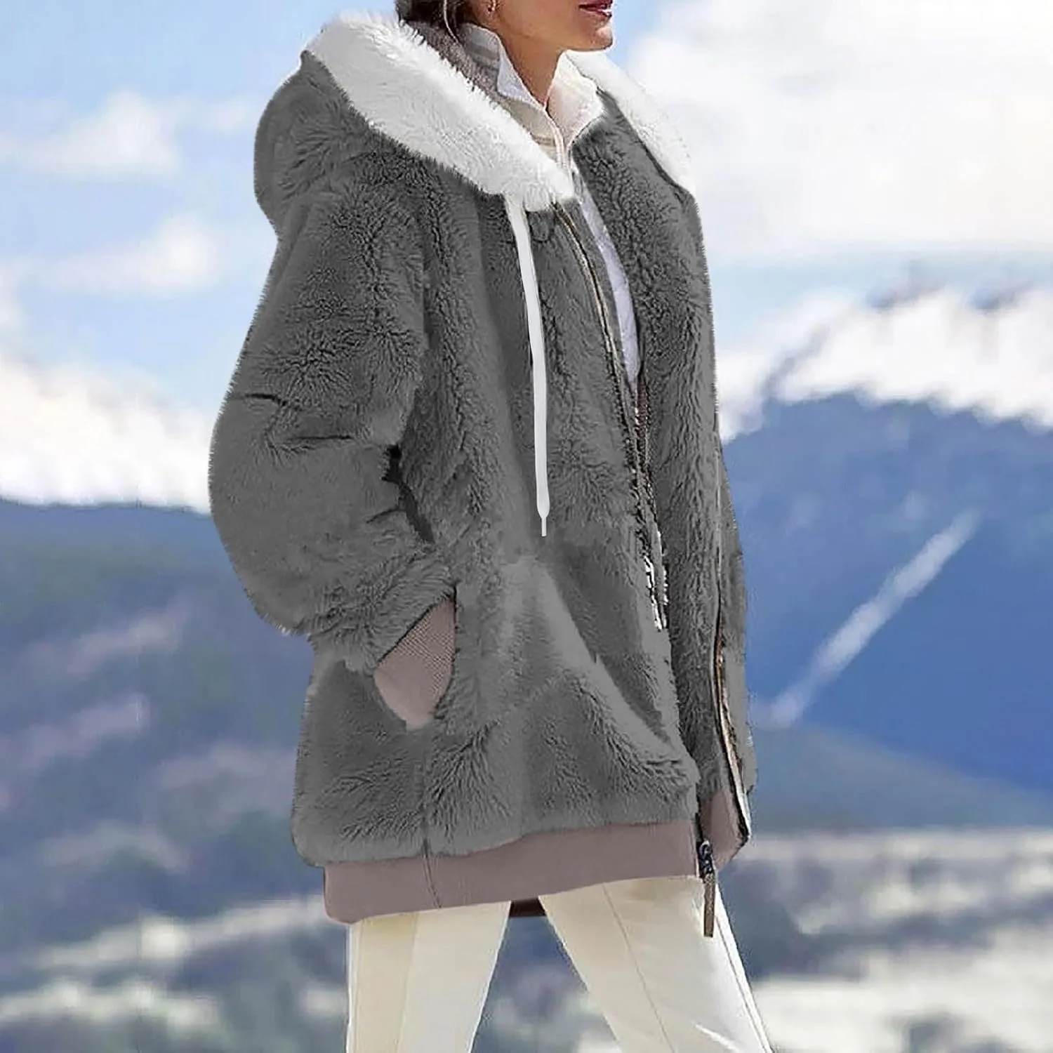 Plus Size Winter Coats for Women Oversized Full Zip Fleece Jacket Baggy Casual Drawstring Fuzzy Warm Jackets w/Pocket