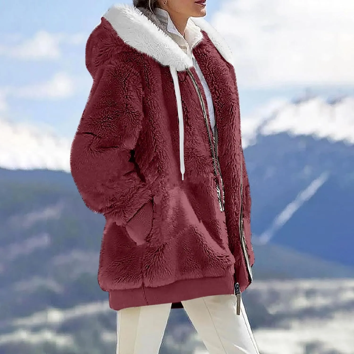 Plus Size Winter Coats for Women Oversized Full Zip Fleece Jacket Baggy Casual Drawstring Fuzzy Warm Jackets w/Pocket