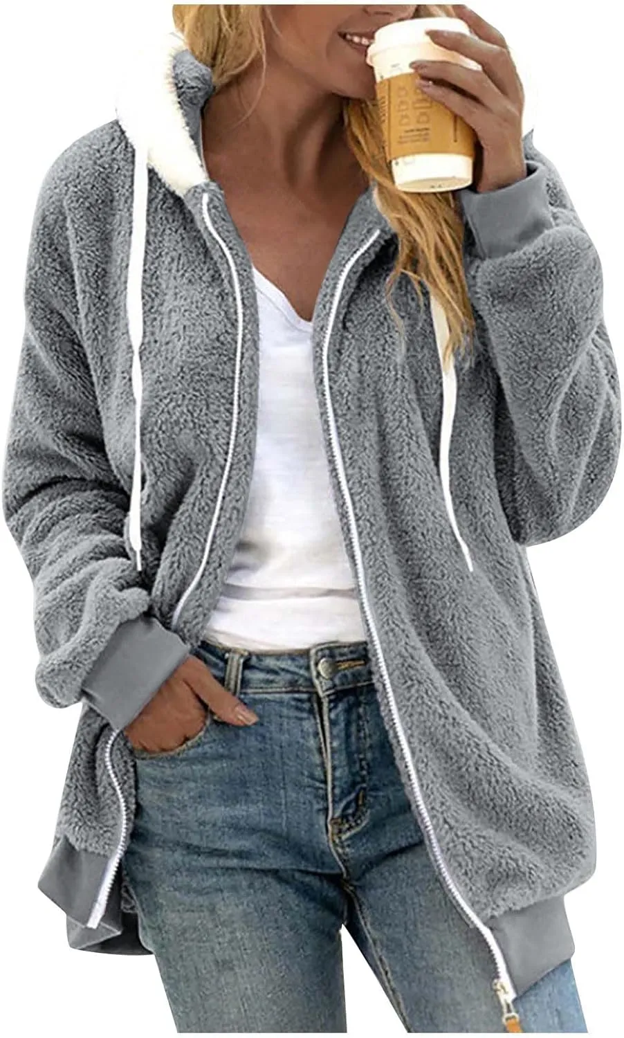 Plus Size Winter Coats for Women Oversized Full Zip Fleece Jacket Baggy Casual Drawstring Fuzzy Warm Jackets w/Pocket