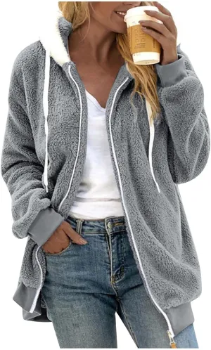 Plus Size Winter Coats for Women Oversized Full Zip Fleece Jacket Baggy Casual Drawstring Fuzzy Warm Jackets w/Pocket