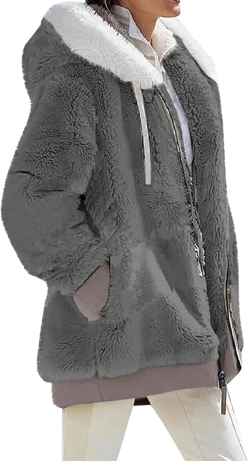 Plus Size Winter Coats for Women Oversized Full Zip Fleece Jacket Baggy Casual Drawstring Fuzzy Warm Jackets w/Pocket