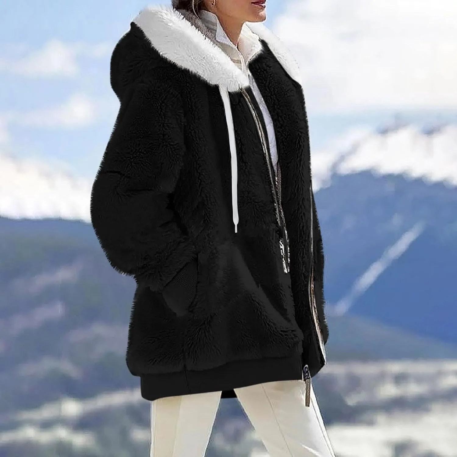 Plus Size Winter Coats for Women Oversized Full Zip Fleece Jacket Baggy Casual Drawstring Fuzzy Warm Jackets w/Pocket