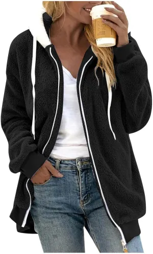 Plus Size Winter Coats for Women Oversized Full Zip Fleece Jacket Baggy Casual Drawstring Fuzzy Warm Jackets w/Pocket