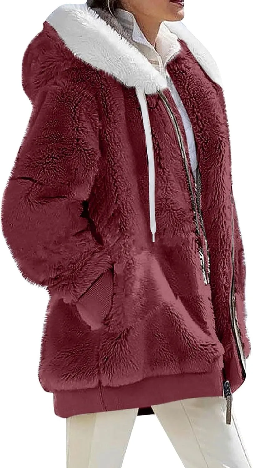 Plus Size Winter Coats for Women Oversized Full Zip Fleece Jacket Baggy Casual Drawstring Fuzzy Warm Jackets w/Pocket
