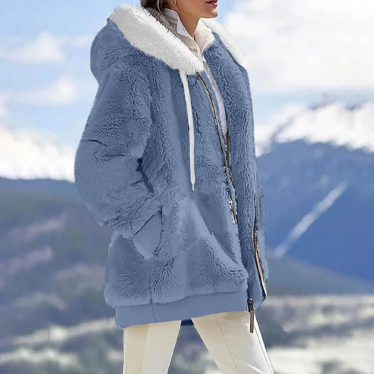 Plus Size Winter Coats for Women Oversized Full Zip Fleece Jacket Baggy Casual Drawstring Fuzzy Warm Jackets w/Pocket