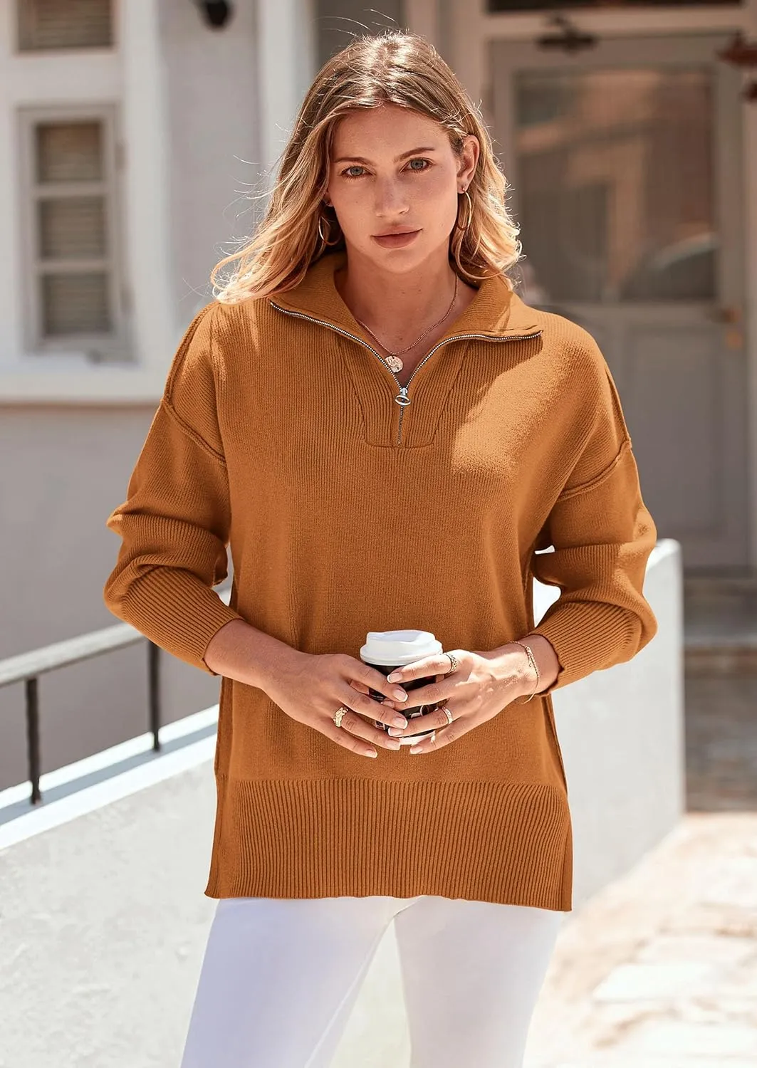PRETTYGARDEN Women's Fall Pullover Oversized Sweaters Casual Long Sleeve Zip Up Lapel V Neck Knitted Winter Tops