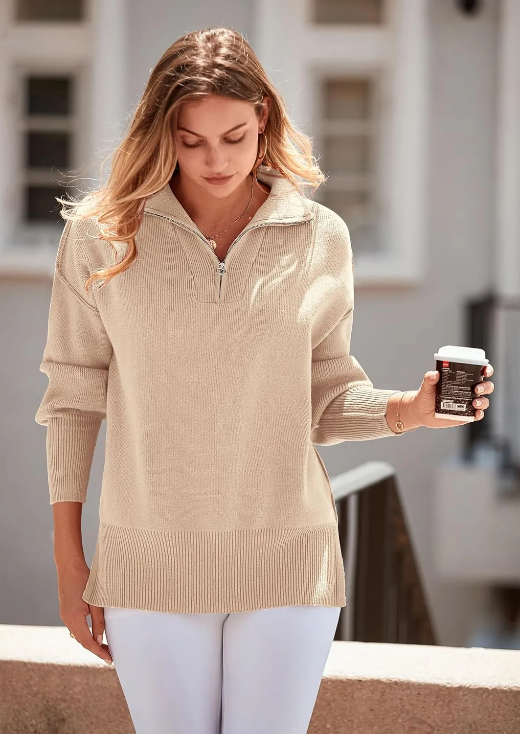 PRETTYGARDEN Women's Fall Pullover Oversized Sweaters Casual Long Sleeve Zip Up Lapel V Neck Knitted Winter Tops