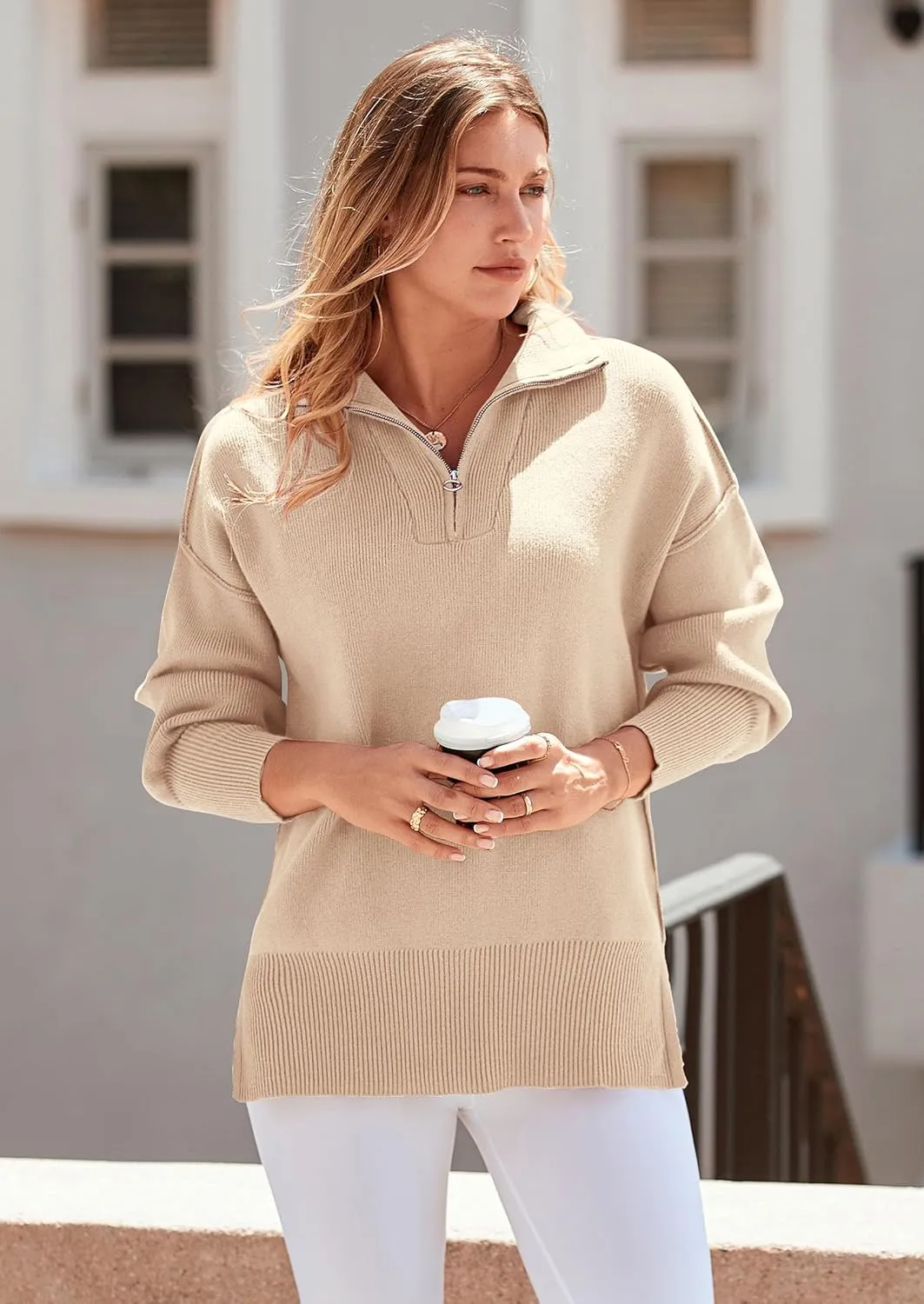 PRETTYGARDEN Women's Fall Pullover Oversized Sweaters Casual Long Sleeve Zip Up Lapel V Neck Knitted Winter Tops
